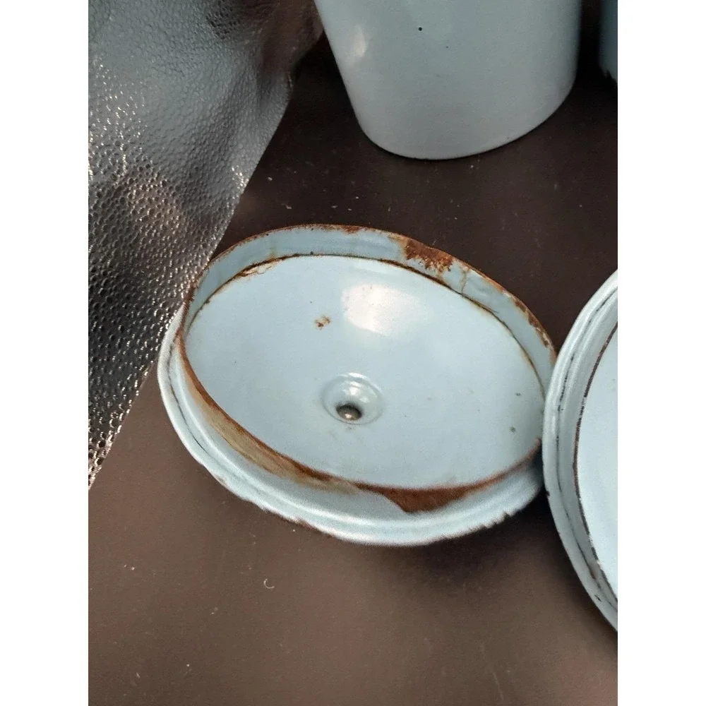 Vintage Light Blue Enamelware Kitchen Canister Set 6 Peas Sugar Sago Barley Lids